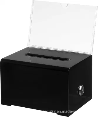 Caixa de doação de dinheiro de plástico preto Caixa de fundo acrílico com fechadura e chave
