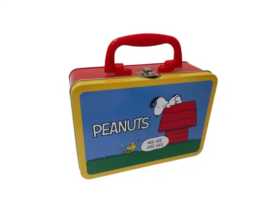 Caixa de lata para mala em formato retangular com alça de plástico Lancheira de metal personalizada com fechadura e alça de chave Caixa de lata